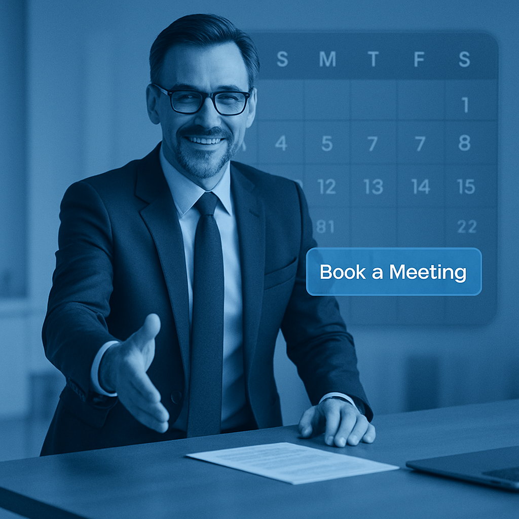 Business executive with calendar and Book a Meeting button as a call to action