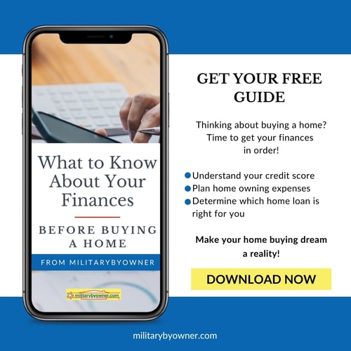 smartphone screen with ebook cover What to Know About Your Finances Before Buying a Home from MilitaryByOwner and text describing book and how to download, blue bars top and bottom