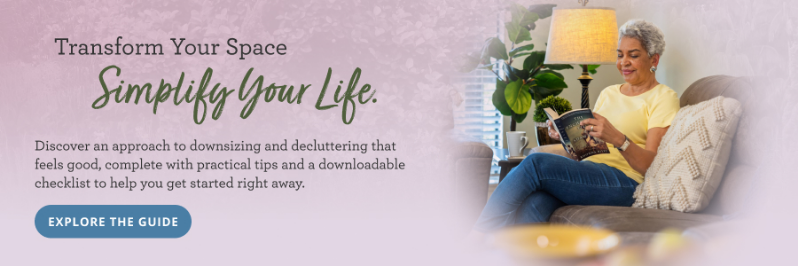 image of older woman reading a book on her couch that is promoting HumanGood's Rightsizing guide