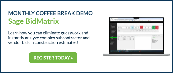 MONTHLY COFFEE BREAK DEMO Sage BidMatrix   Learn how you can eliminate guesswork and instantly analyze complex subcontractor and vendor bids in construction estimates!  