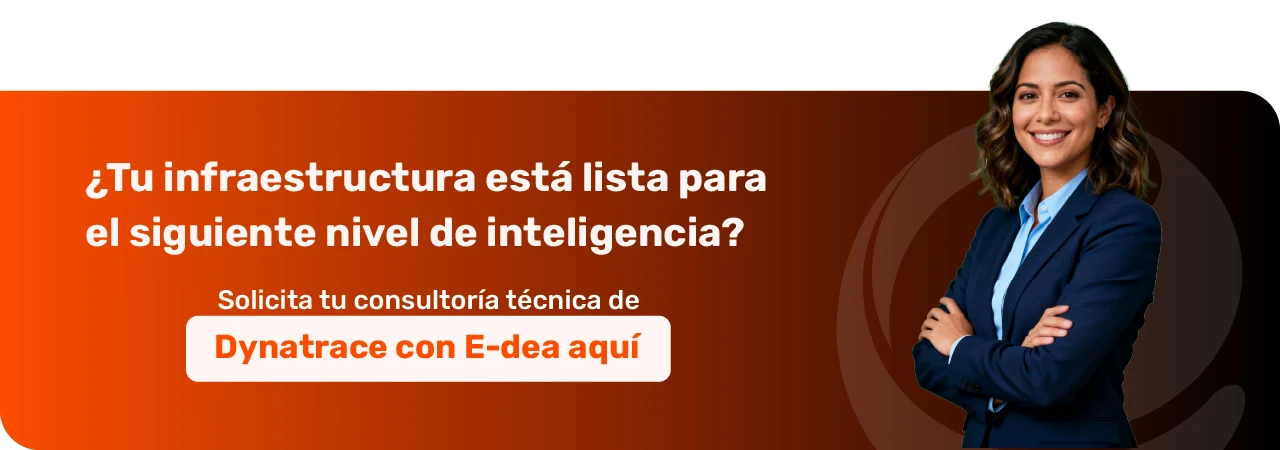 Arquitectura de observabilidad full-stack de Dynatrace integrando OneAgent, Davis AI y Grail en una nube híbrida para análisis de causa raíz.