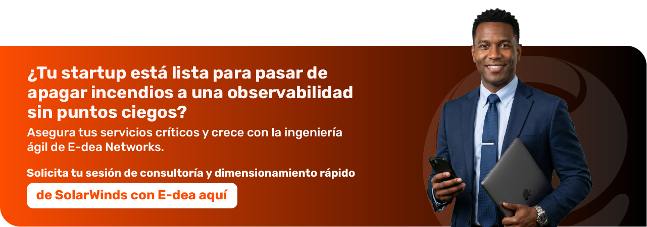 Panel de SolarWinds para monitoreo de infraestructura TI en una startup.