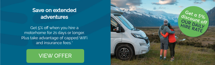 Save on extended adventures   Get 5% off when you hire a motorhome for 21 days or longer. Plus take advantage of capped WiFi and insurance fees.*