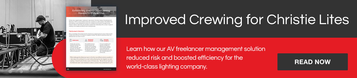 Banner promoting improved crewing for Christie Lites, showing a technician working with audio equipment and a brochure thumbnail, with text inviting viewers to learn more.