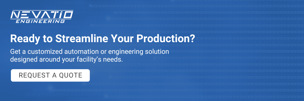 Blue with light white coding background with question "Ready to streamline your production" and supporting text "Get a customized automation or engineering solution designed around your facility's needs" followed by a "Request a Quote" button.