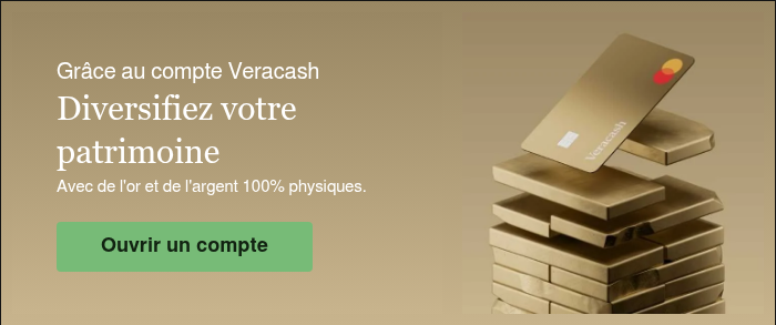 Grâce au compte Veracash Diversifiez votre patrimoine Avec de l'or et de l'argent 100% physiques.