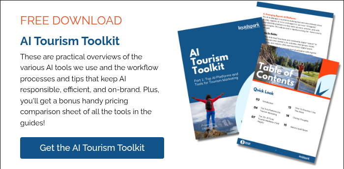 FREE DOWNLOAD AI Tourism Toolkit These are practical overviews of the various AI tools we use and the workflow processes and tips that keep AI responsible, efficient, and on-brand. Plus, you'll get a bonus handy pricing comparison sheet of all the tools in the guides! &nbsp;