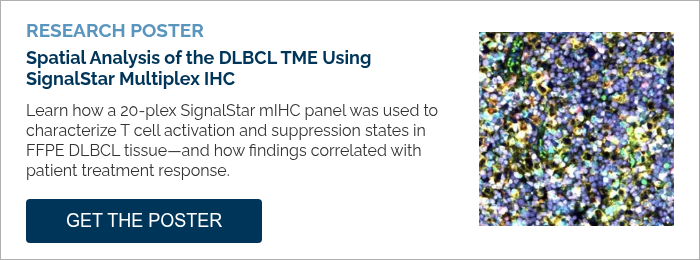 RESEARCH POSTER Spatial Analysis of the DLBCL TME Using SignalStar Multiplex IHC &nbsp; Learn how a 20-plex SignalStar mIHC panel was used to characterize T cell activation and suppression states in FFPE DLBCL tissue—and how findings correlated with patient treatment response. &nbsp;