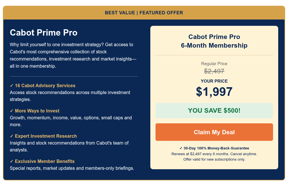 BEST VALUE | FEATURED OFFER Cabot Prime Pro Why limit yourself to one investment strategy? Get access to Cabot's most comprehensive collection of stock recommendations, investment research and market insights—all in one membership. ✓ 16 Cabot Advisory Services Access stock recommendations across multiple investment strategies. ✓ More Ways to Invest Growth, momentum, income, value, options, small caps and more. ✓ Expert Investment Research Insights and stock recommendations from Cabot's team of analysts. ✓ Exclusive Member Benefits Special reports, market updates and members-only briefings. Cabot Prime Pro 6-Month Membership Regular Price $2,497 YOUR PRICE $1,997 YOU SAVE $500! Claim My Deal ✓ 30-Day 100% Money-Back Guarantee Renews at $2,497 every 6 months. Cancel anytime. Offer valid for new subscriptions only.