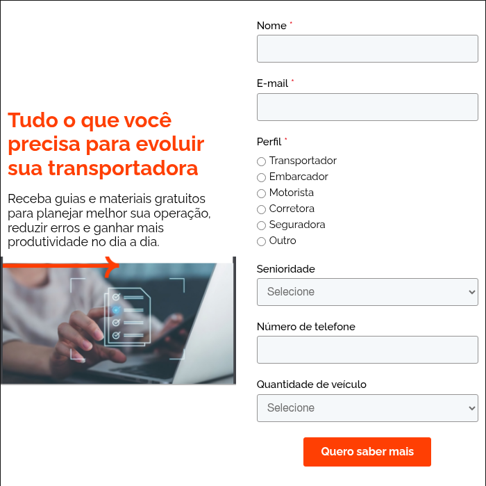 Tudo o que voc&ecirc; precisa para evoluir sua transportadora &nbsp; Receba guias e materiais gratuitos para planejar melhor sua opera&ccedil;&atilde;o, reduzir erros e ganhar mais produtividade no dia a dia.
