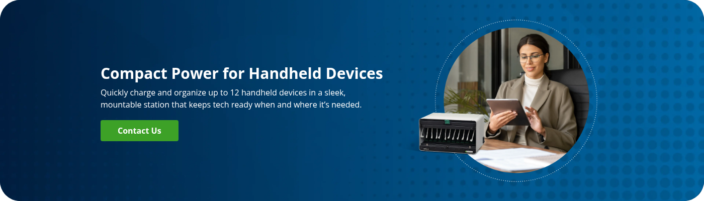 Compact Power for Handheld Devices Quickly charge and organize up to 12 handheld devices in a sleek, mountable station that keeps tech ready when and where it’s needed.  