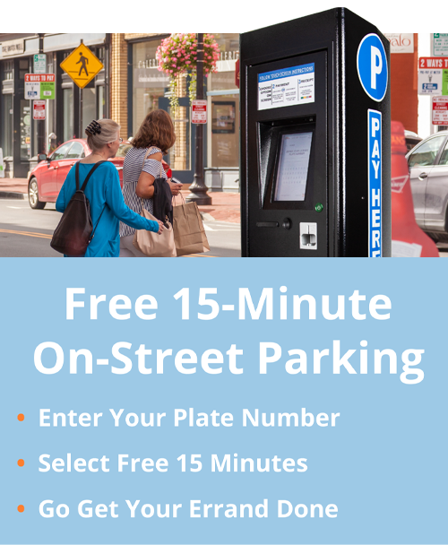 Parking Kiosk on street in Norwalk, CT with instructions for 15-Minutes of free parking