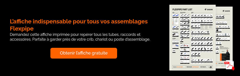 L’affiche indispensable pour tous vos assemblages Flexpipe Demandez cette affiche imprimée pour repérer tous les tubes, raccords et accessoires. Parfaite à garder près de votre crib, chariot ou poste d’assemblage.