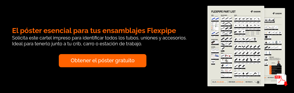 El póster esencial para tus ensamblajes Flexpipe Solicita este cartel impreso para identificar todos los tubos, uniones y accesorios. Ideal para tenerlo junto a tu crib, carro o estación de trabajo.