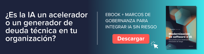Banner de ebook sobre IA y modernización de software con marcos de gobernanza para evitar deuda técnica