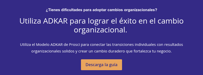 ¿Tienes dificultades para adoptar cambios organizacionales?   Utiliza ADKAR para lograr el éxito en el cambio organizacional.    Utiliza el Modelo ADKAR de Prosci para conectar las transiciones individuales con resultados organizacionales solidos y crear un cambio duradero que fortalezca tu negocio.