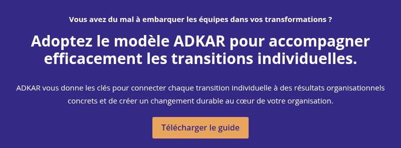Vous avez du mal à embarquer les équipes dans vos transformations ?   Adoptez le modèle ADKAR pour accompagner efficacement les transitions individuelles.   ADKAR vous donne les clés pour connecter chaque transition individuelle à des résultats organisationnels concrets et de créer un changement durable au cœur de votre organisation.