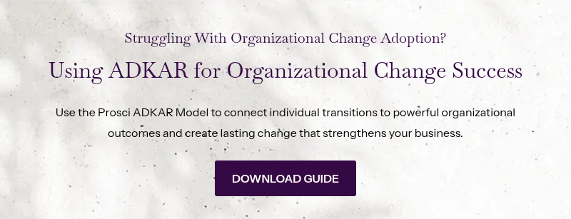 Struggling With Organizational Change Adoption? &nbsp; Using ADKAR for Organizational Change Success &nbsp; Use the Prosci ADKAR Model to connect individual transitions to powerful organizational outcomes and create lasting change that strengthens&nbsp;your business.
