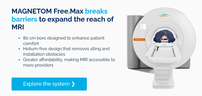 MAGNETOM Free.Max breaks barriers to expand the reach of MRI 80 cm bore designed to enhance patient comfort Helium-free design that removes siting and installation obstacles Greater affordability, making MRI accessible to more providers &nbsp;
