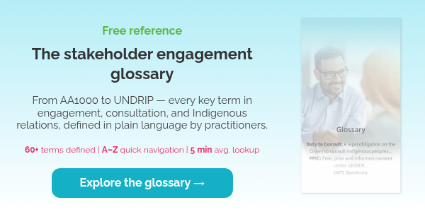Free reference The stakeholder engagement glossary &nbsp; From AA1000 to UNDRIP — every key term in engagement, consultation, and Indigenous relations, defined in plain language by practitioners. &nbsp; 60+ terms defined | A–Z quick navigation | 5 min avg. lookup &nbsp;