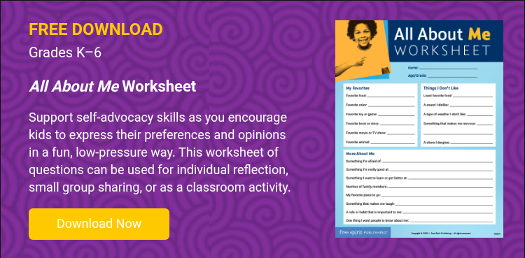FREE DOWNLOAD Grades K–6 &nbsp; All About Me&nbsp;Worksheet &nbsp; Support self-advocacy skills as you encourage kids to express their preferences and opinions in a fun, low-pressure way. This worksheet of questions can be used for individual reflection, small group sharing, or as a classroom activity. &nbsp;