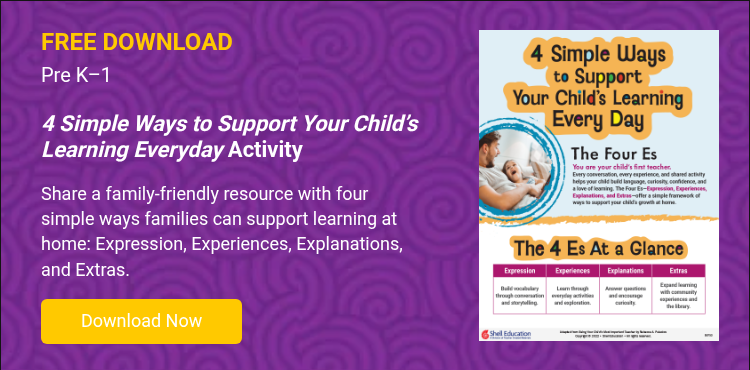 FREE DOWNLOAD Pre K–1 &nbsp; 4 Simple Ways to Support Your Child’s Learning Everyday Activity &nbsp; Share a family-friendly resource with four simple ways families can support learning at home: Expression, Experiences, Explanations, and Extras. &nbsp;