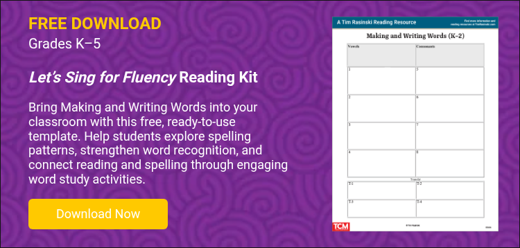 FREE DOWNLOAD Grades K–5 &nbsp; Let’s Sing for Fluency Reading Kit &nbsp; Bring Making and Writing Words into your classroom with this free, ready-to-use template. Help students explore spelling patterns, strengthen word recognition, and connect reading and spelling through engaging word study activities. &nbsp;