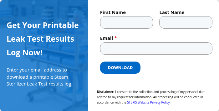 Get Your Printable Leak Test Results Log Now!   Enter your email address to download a printable Steam Sterilizer Leak Test results log.  