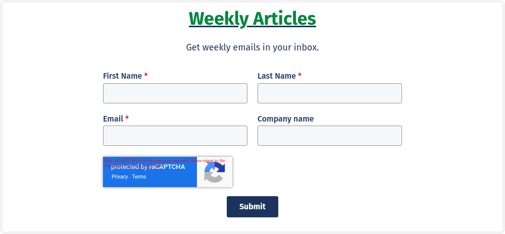 Weekly Articles   Get weekly emails in your inbox, or subscribe to the newsletter on LinkedIn.  