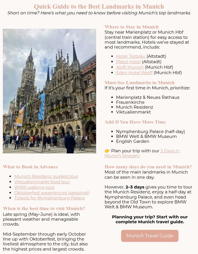 Quick Guide to the Best Landmarks in Munich Short on time? Here’s what you need to know before visiting Munich’s top landmarks.