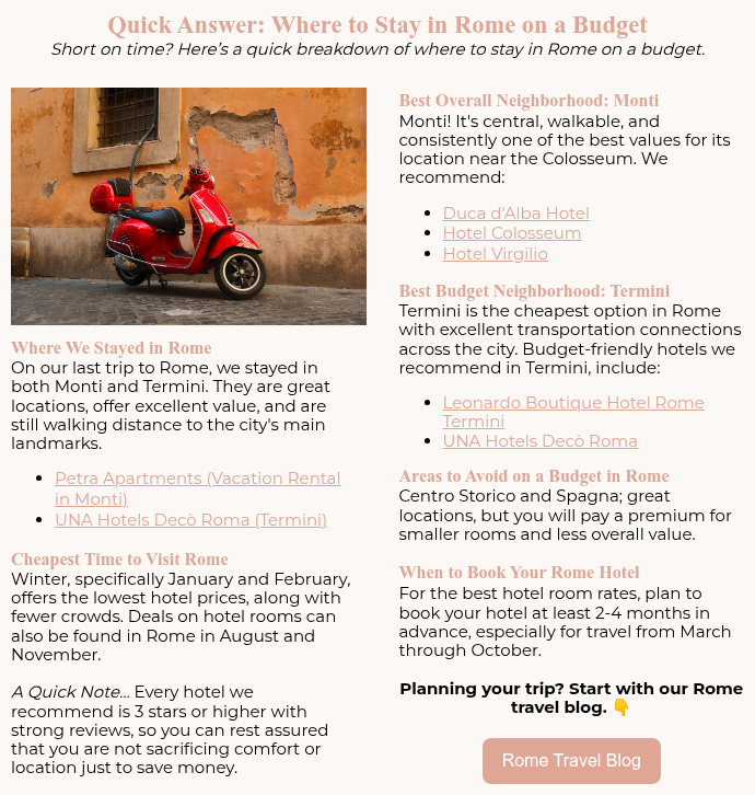 Quick Answer:&nbsp;Where to Stay in Rome on a Budget Short on time? Here’s a quick breakdown of where to stay in Rome on a budget.