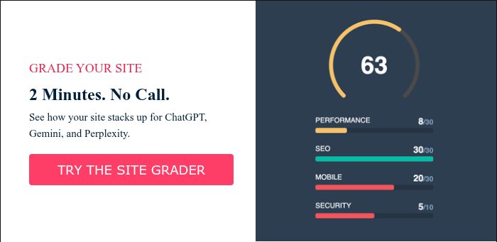 GRADE YOUR SITE 2 Minutes. No Call. See how your site stacks up for ChatGPT, Gemini, and Perplexity. &nbsp;