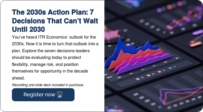 The 2030s Action Plan: 7 Decisions That Can’t Wait Until 2030 You’ve heard ITR Economics’ outlook for the 2030s. Now it is time to turn that outlook into a plan. Explore the seven decisions leaders should be evaluating today to protect flexibility, manage risk, and position themselves for opportunity in the decade ahead. Recording and slide deck included in purchase.