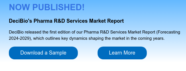 NOW PUBLISHED!   DeciBio's Pharma R&D Services Market Report   DeciBio released the first edition of our Pharma R&D Services Market Report (Forecasting 2024-2029), which outlines key dynamics shaping the market in the coming years.  