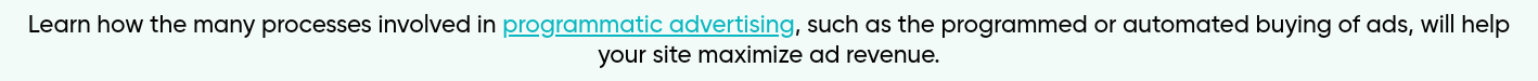 Learn how the many processes involved in programmatic advertising, such as the programmed or automated buying of ads, will help your site maximize ad revenue.) }}