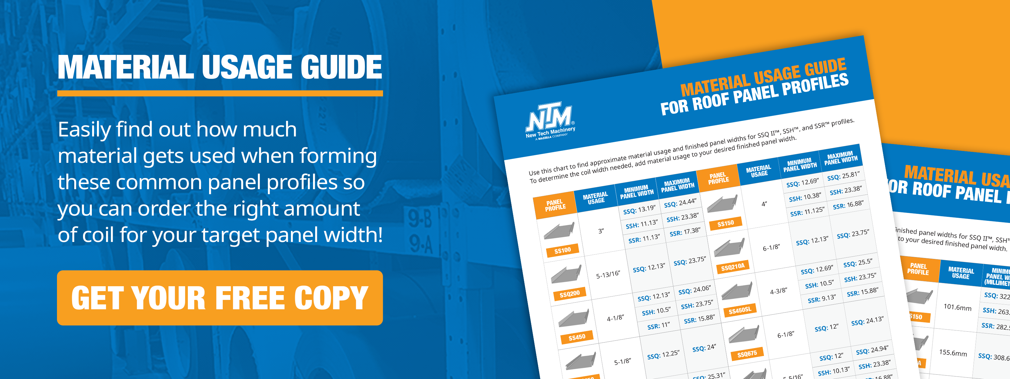 Imperial and metric versions of Material Usage Guide on orange and blue background