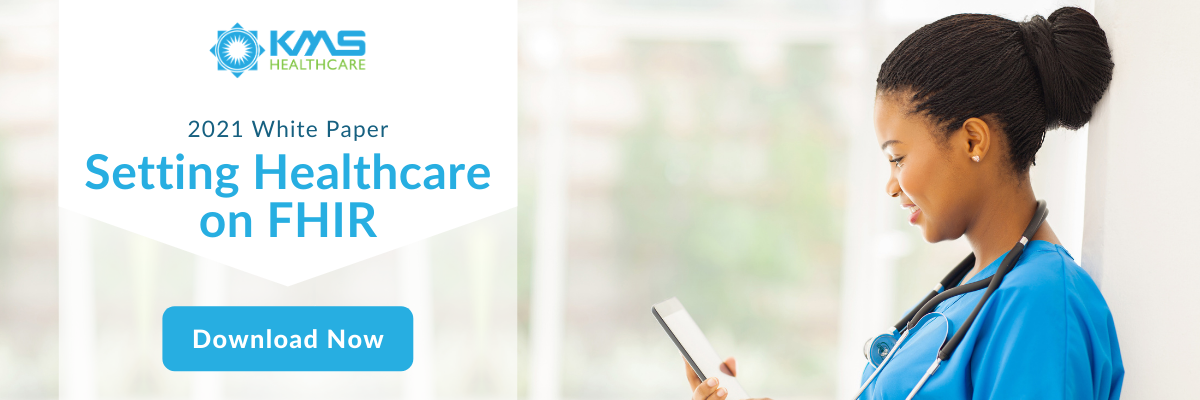 The Fhir Implementation banner shows a nurse in blue scrubs looking at a tablet. The banner reads "2021 White Paper Setting Healthcare On FHIR" There is a blue button that says "download now"