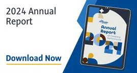 A picture of Homesteaders' 2024 Annual Report of Company Performance on a tablet device with supporting content, prompting users to download the report.