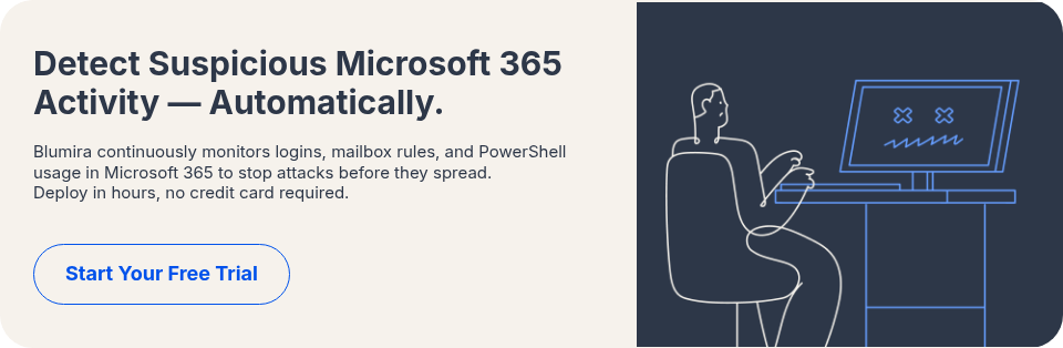 Detect Suspicious Microsoft 365 Activity — Automatically. Blumira continuously monitors logins, mailbox rules, and PowerShell usage in Microsoft 365 to stop attacks before they spread. Deploy in hours, no credit card required. &nbsp;