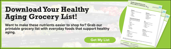 Graphic to download health aging grocery list for nutrients that support healthy aging