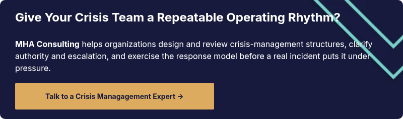Give Your Crisis Team a Repeatable Operating Rhythm? &nbsp; MHA Consulting&nbsp;helps organizations design and review crisis-management structures, clarify authority and escalation, and exercise the response model before a real incident puts it under pressure.