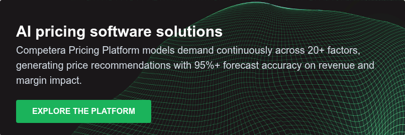 AI pricing software solutions Competera Pricing Platform models demand continuously across 20+ factors, generating price recommendations with 95%+ forecast accuracy on revenue and margin impact.