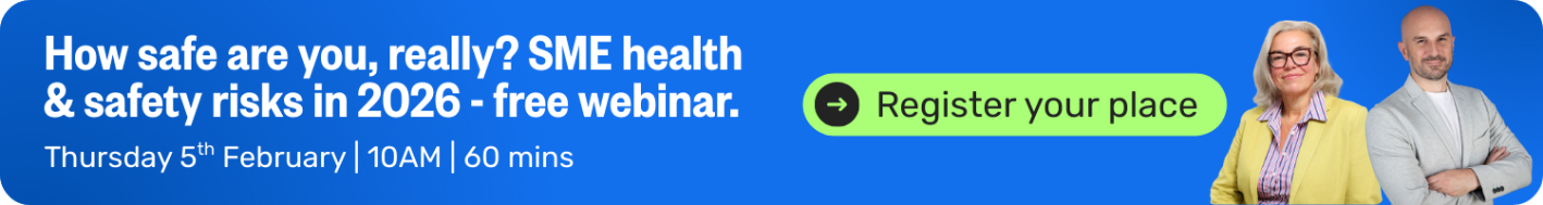 Banner for Breathe’s free webinar titled “How safe are you, really? SME health & safety risks in 2026”. Includes the date and time—Thursday 5th February at 10AM—and speaker photos of Emma del Torto, Managing Director at Effective HRM, and Sy Hook, Head of Operations at Breathe. Features a “Register your place” button.