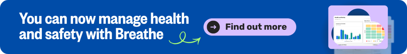 A blue banner showing product imagery from the Breathe Health & Safety module with the text 'You can now manage health and safety with Breathe' and a purple 'Find out more' button.