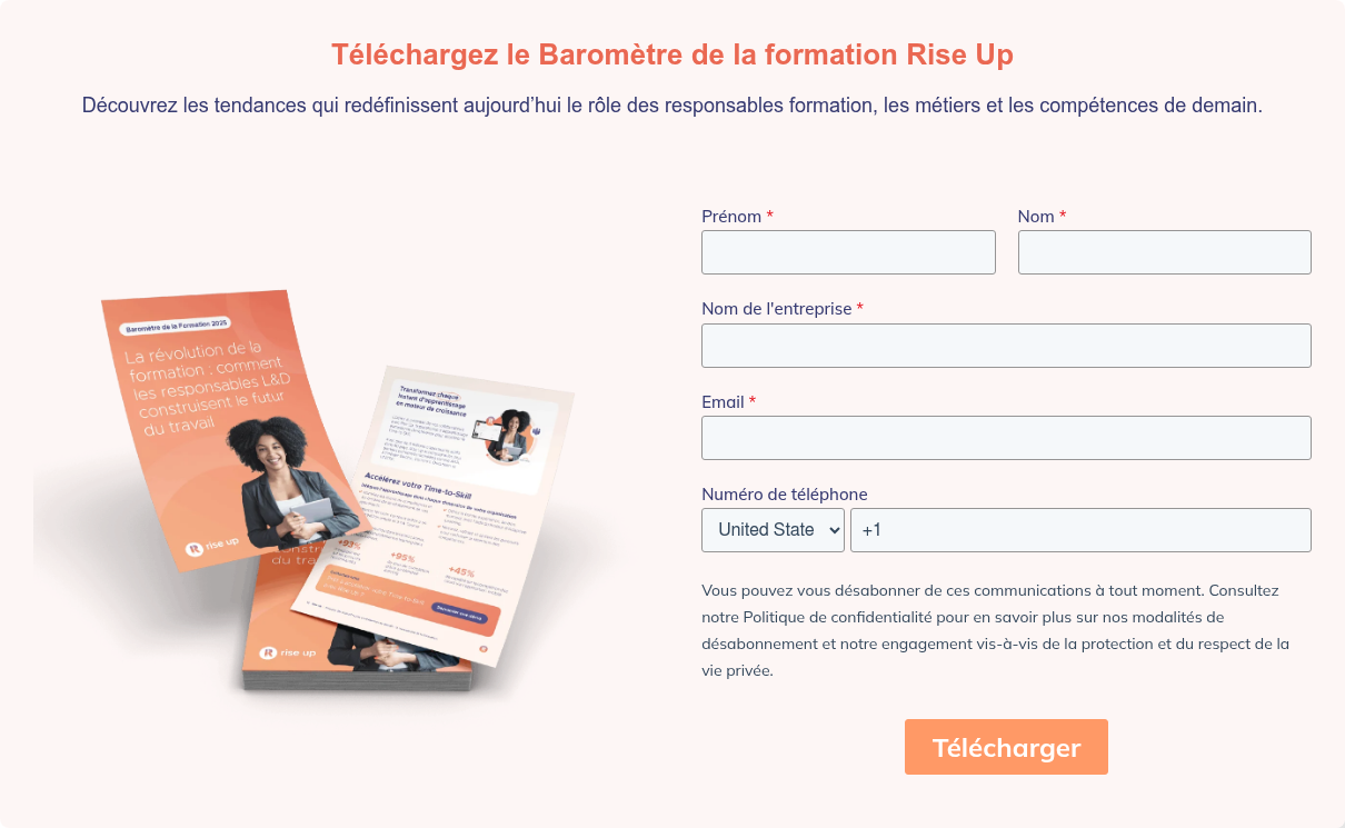 Téléchargez le Baromètre de la formation Rise Up Découvrez les tendances qui redéfinissent aujourd’hui le rôle des responsables formation, les métiers et les compétences de demain.