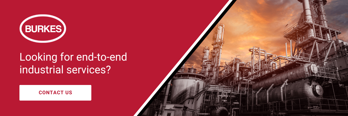 Burkes Mechanical industrial services banner with refinery and piping infrastructure at sunset, promoting end-to-end industrial construction, fabrication, and mechanical services with “Contact Us” CTA.