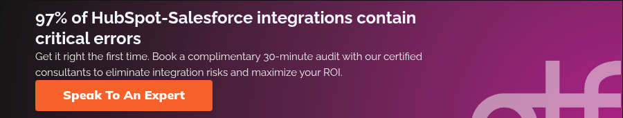 97% of HubSpot-Salesforce integrations contain critical errors Get it right the first time. Book a complimentary 30-minute audit with our certified consultants to eliminate integration risks and maximize your ROI.