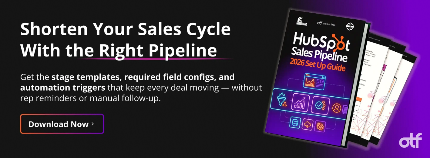 Banner ad: 'Shorten Your Sales Cycle With the Right Pipeline.' Offers stage templates, field configs, and automation triggers to keep deals moving. Includes a 'Download Now' button next to a 3D mockup of the 'HubSpot Sales Pipeline 2026 Set Up Guide' ebook by otf.