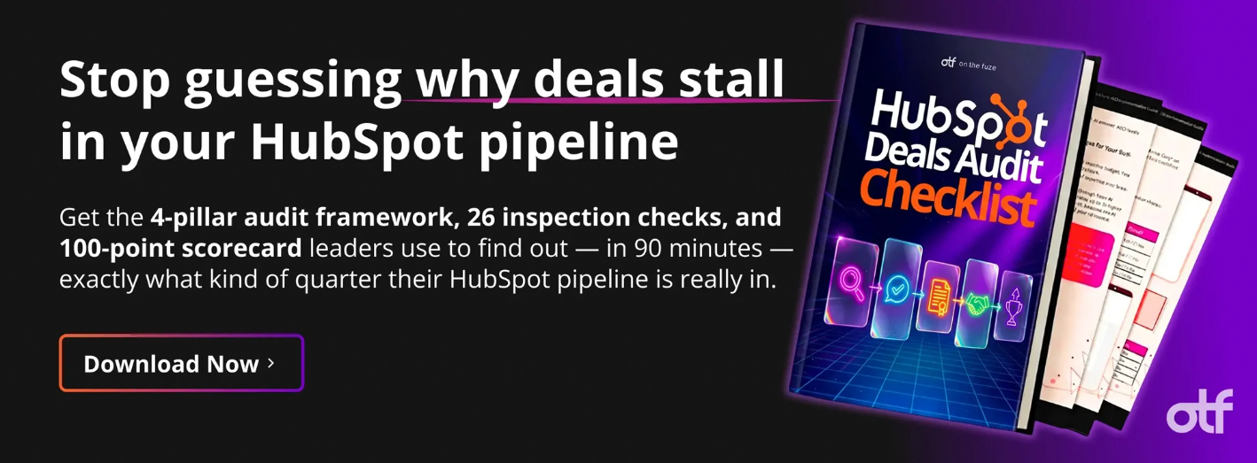 Promo banner for the "HubSpot Deals Audit Checklist" by On The Fuze. White headline "Stop guessing why deals stall in your HubSpot pipeline" on a black-to-purple background, with supporting body copy and a Download Now button.