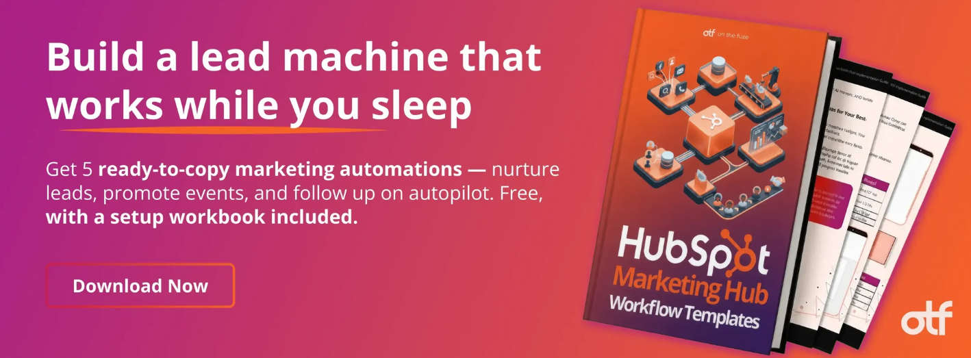 Promotional banner advertising a free HubSpot Marketing Hub Workflow Templates guide with five marketing automation workflows, a setup workbook, and a Download Now call-to-action.